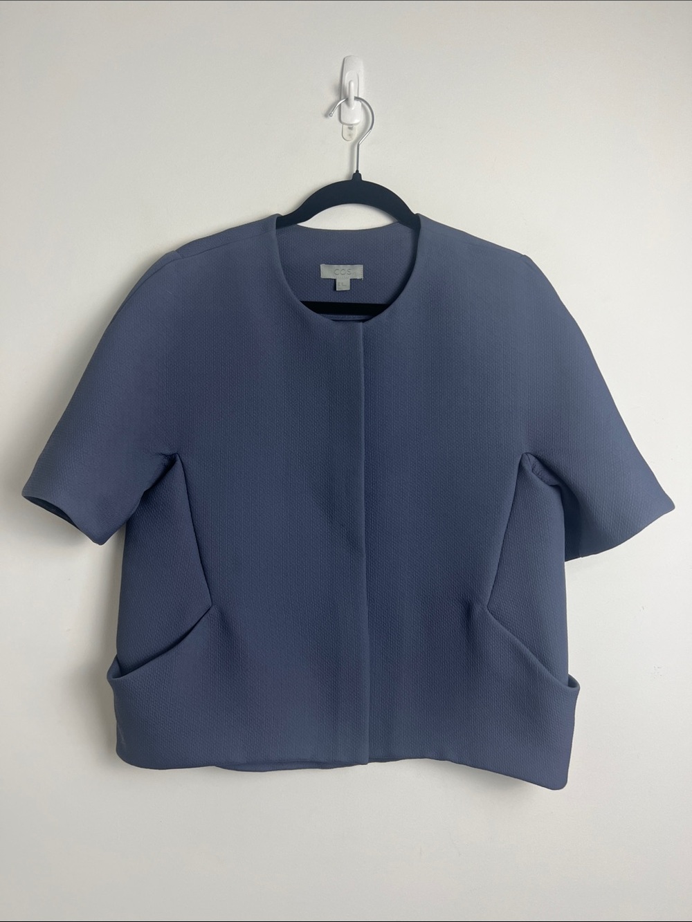 COS US10 Slate Blue Short Sleeve Zip Front Cropped Boxy Jacket Minimalist